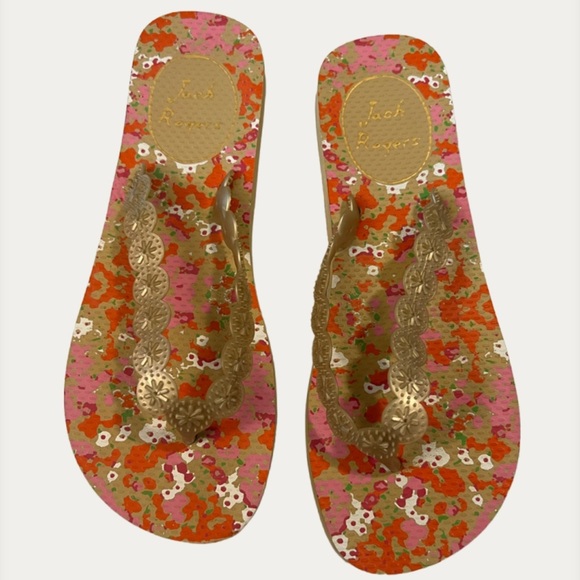 Jack Rogers Floral Flip Flops – Size 7-8 – Pink, Gold & Orange - Picture 1 of 5